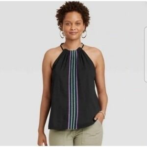 Black Halter Neck Top Embroidered Trim Casual Summer Vacation Women's Small  A33